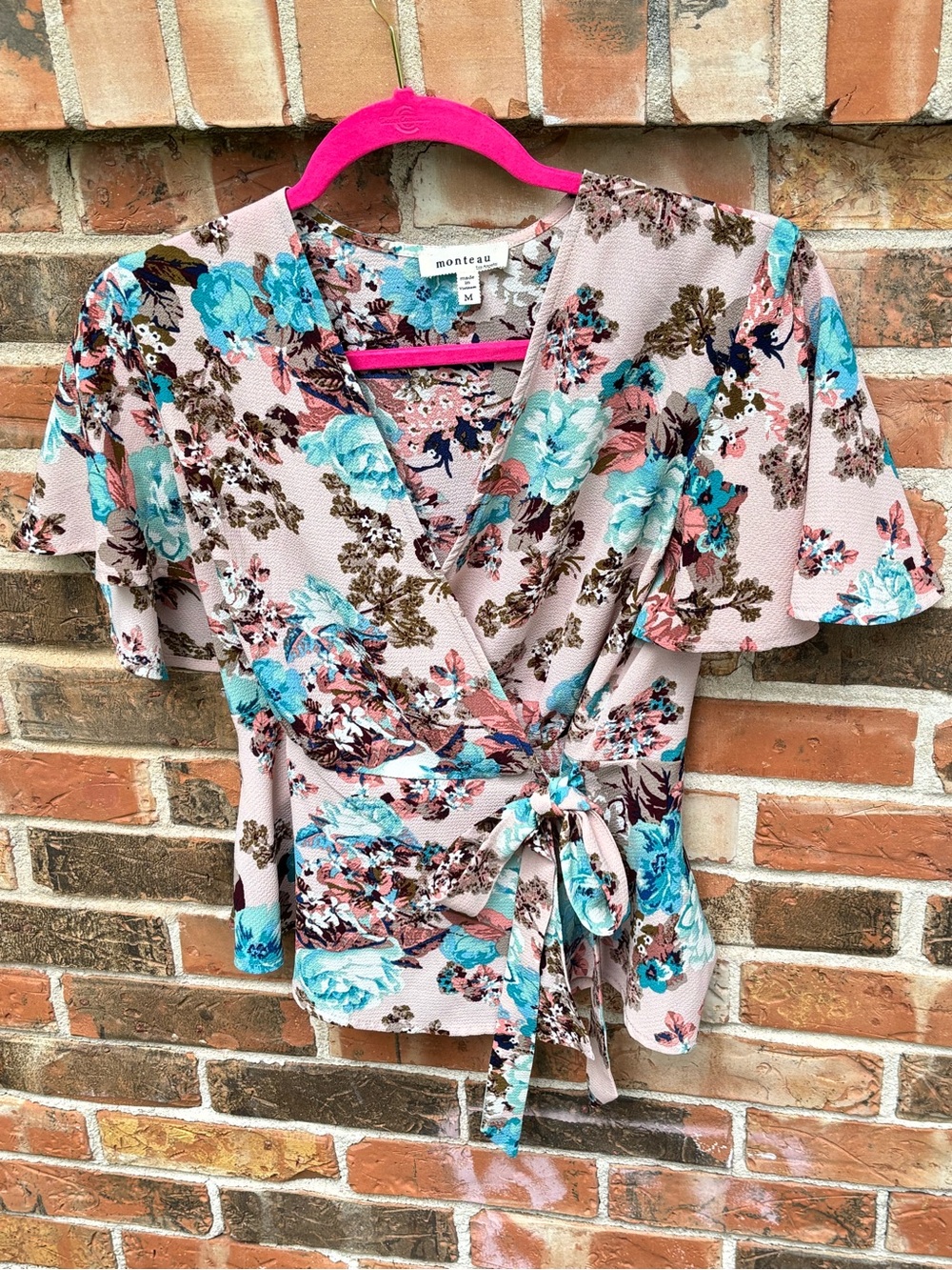 Monteau Wrap Front Blouse With Floral Pattern. Light Textured Fabric. Size M